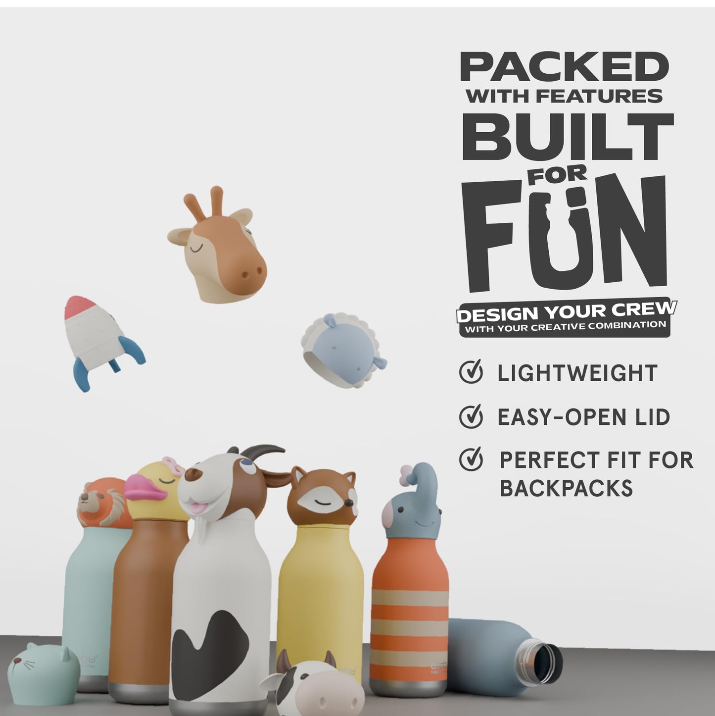 asobu Bestie Bottle Insulated Stainless Steel Water Bottle with Detachable Soft Animal Head Fun Drinking For Kids and Teens with Flexible Reusable Straw 16 Ounce (Duck)