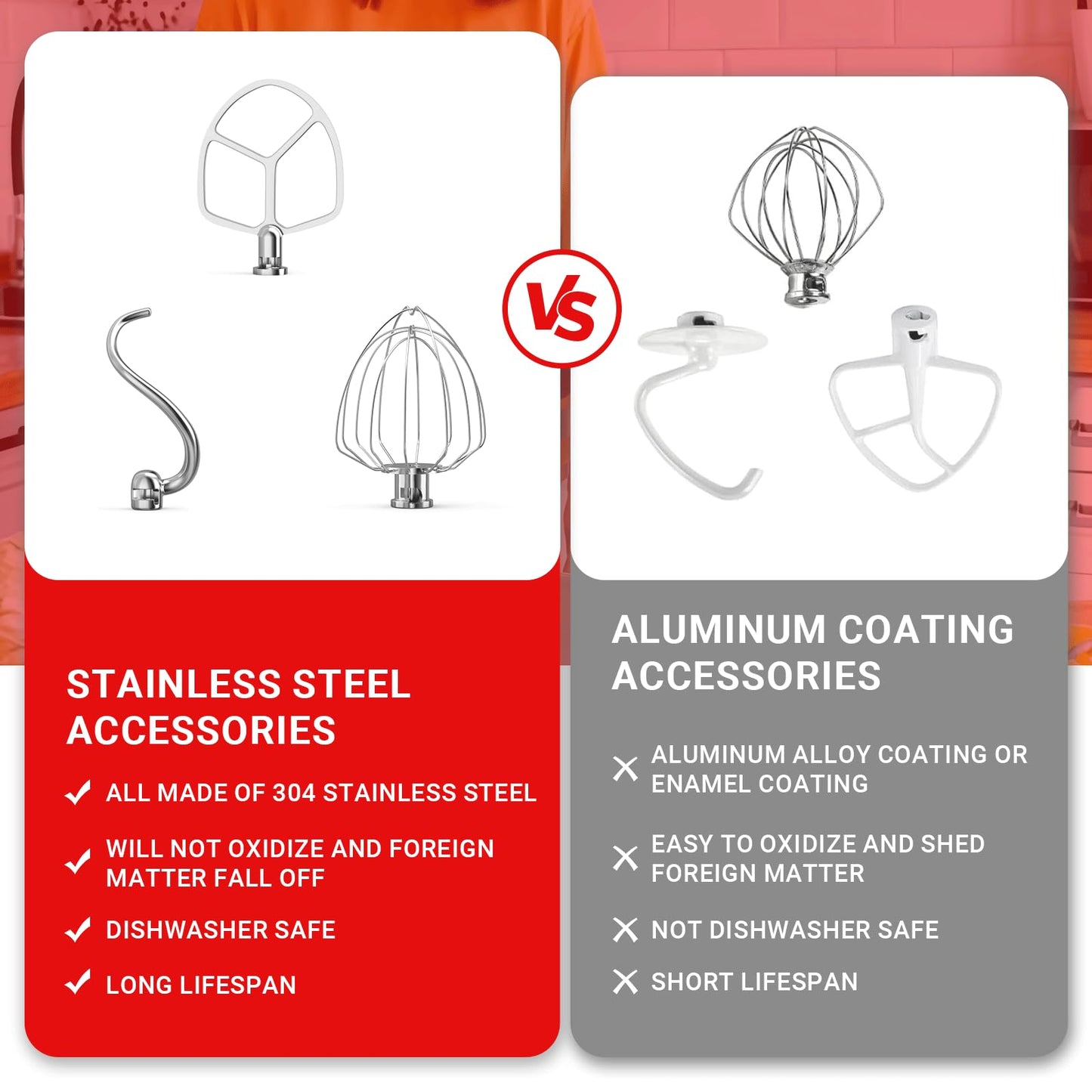 Stainless Steel Kitchen Mixers Accessories Compatible with Kitchen Aid Mixer and 5.5-6 Qt Bowl. KN256 6-Wire Whip, 5.5-6QT Flat Beater, 6QT Dough Hook Attachment Dishwasher safe