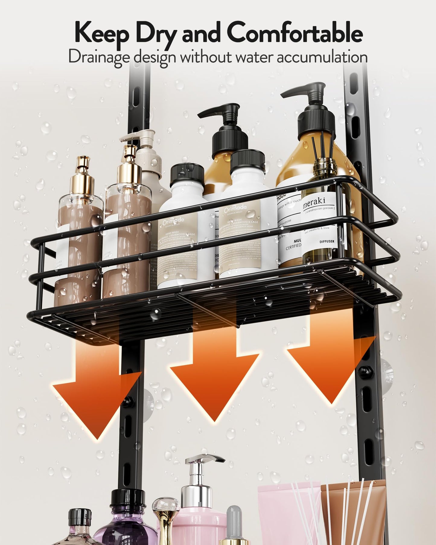 Orimade Over the Door Shower Caddy Adjustable 5 Tier Black,Bathroom Hanging Organizer Shelf Rustproof with 4 Hooks,Shower Basket with Soap Holder and Suction Cup