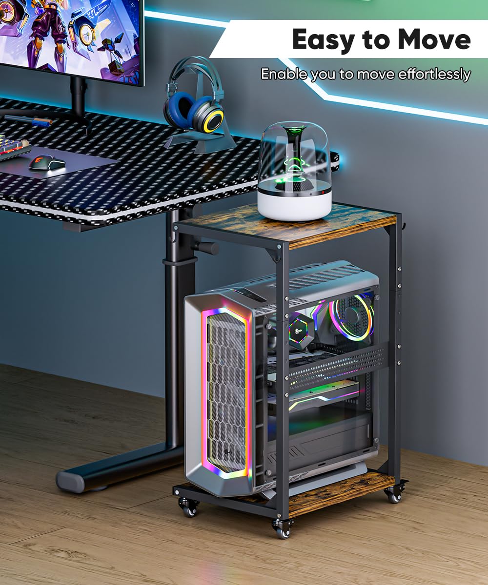 Ansionsol Computer Tower Stand, 2-Tier Metal CPU Holder Stand with Lockable Wheels, Adjustable Under Desk PC Shelf, Mobile Rolling Computer Cart for Home, Office, Gamers and Students, Black