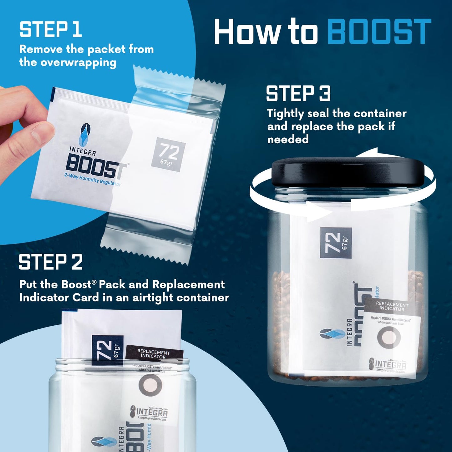 Integra Boost - 72% RH Level - 67 Gram Size - Two-Way Humidity Control Pack - Incl. Replacement Indicator Cards - Food Storage & Herbs Moisture Balancer For Up to 1 LB (Pack of 12)