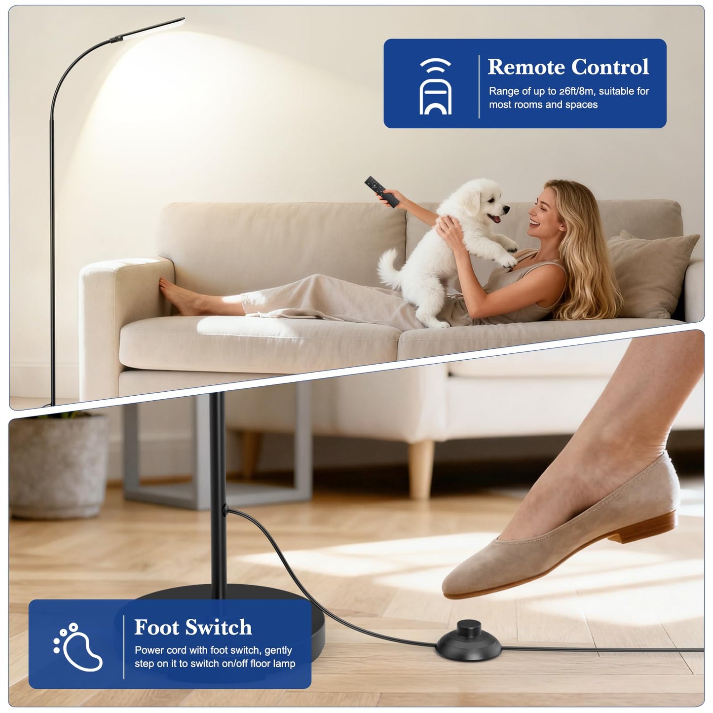 Floor Lamp, LED Floor Lamp with Remote Control Foot Switch for Living Room, Stepless Adjustable Colour Temperature Brightness Standing Lamp with Timer, Eye Caring Tall Lamp Reading for Bedroom,office