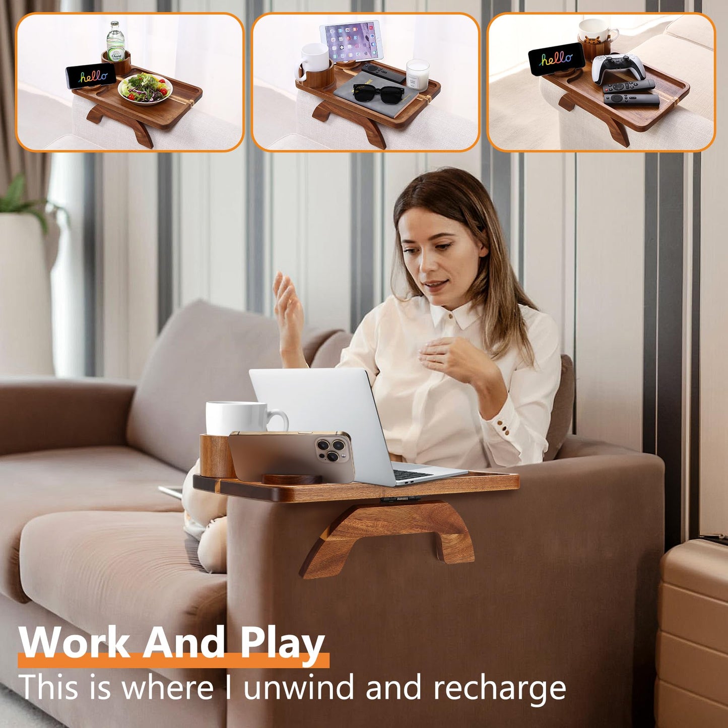 Acanacle Couch Armrest Table Acacia with 360°Rotating Phone & Cup Holders,15.4" x 9.8", 3-in-1 Couch Arm Tray Clip-On Couch Tray for Drinks & Snacks
