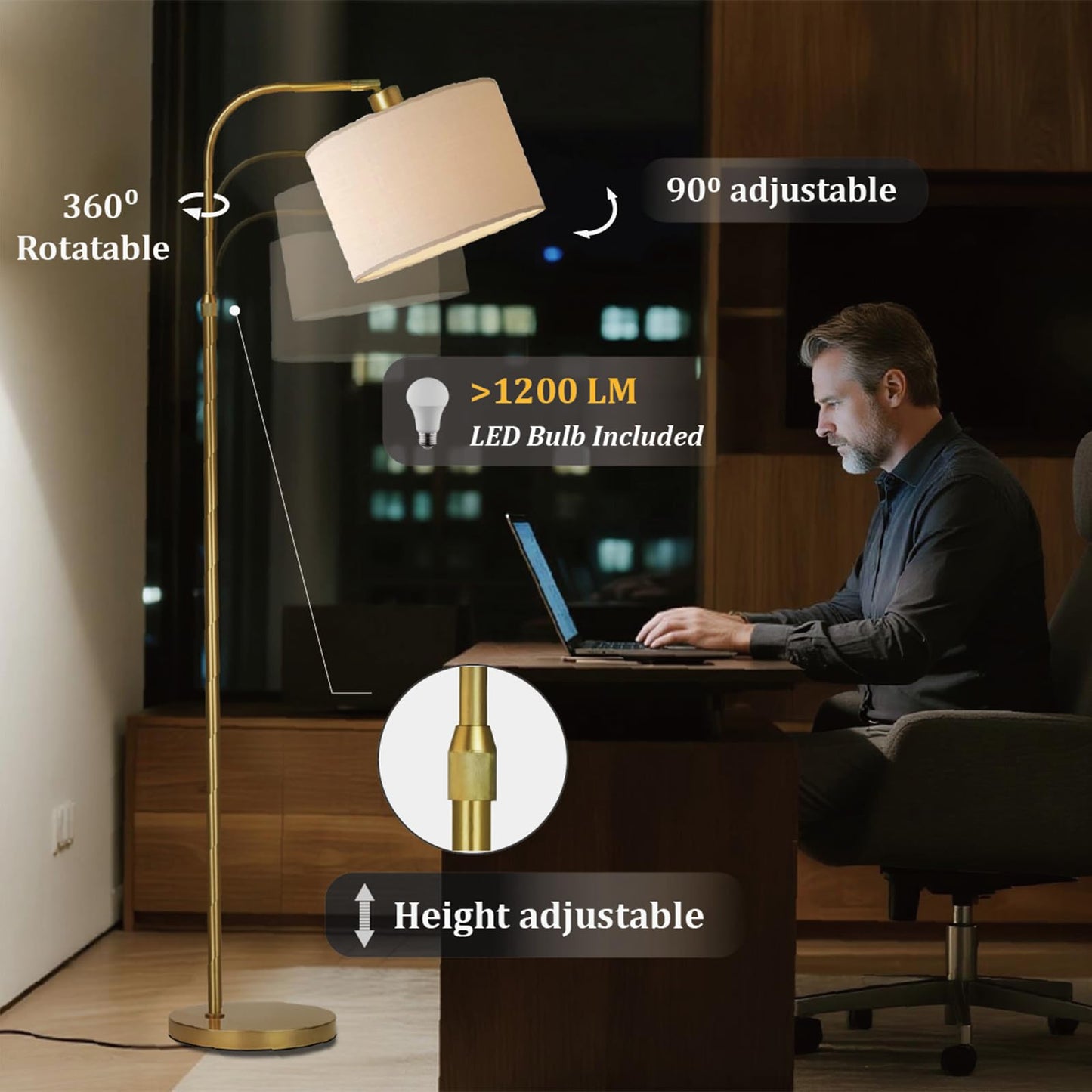 FINNCHY Gold Floor Lamp with Remote Control, 1200 Lumens Adjustable Height Dimmable Arc Floor Lamp for Living Room, Modern Standing Lamp for Bedroom, Office, LED Smart Bulb Included