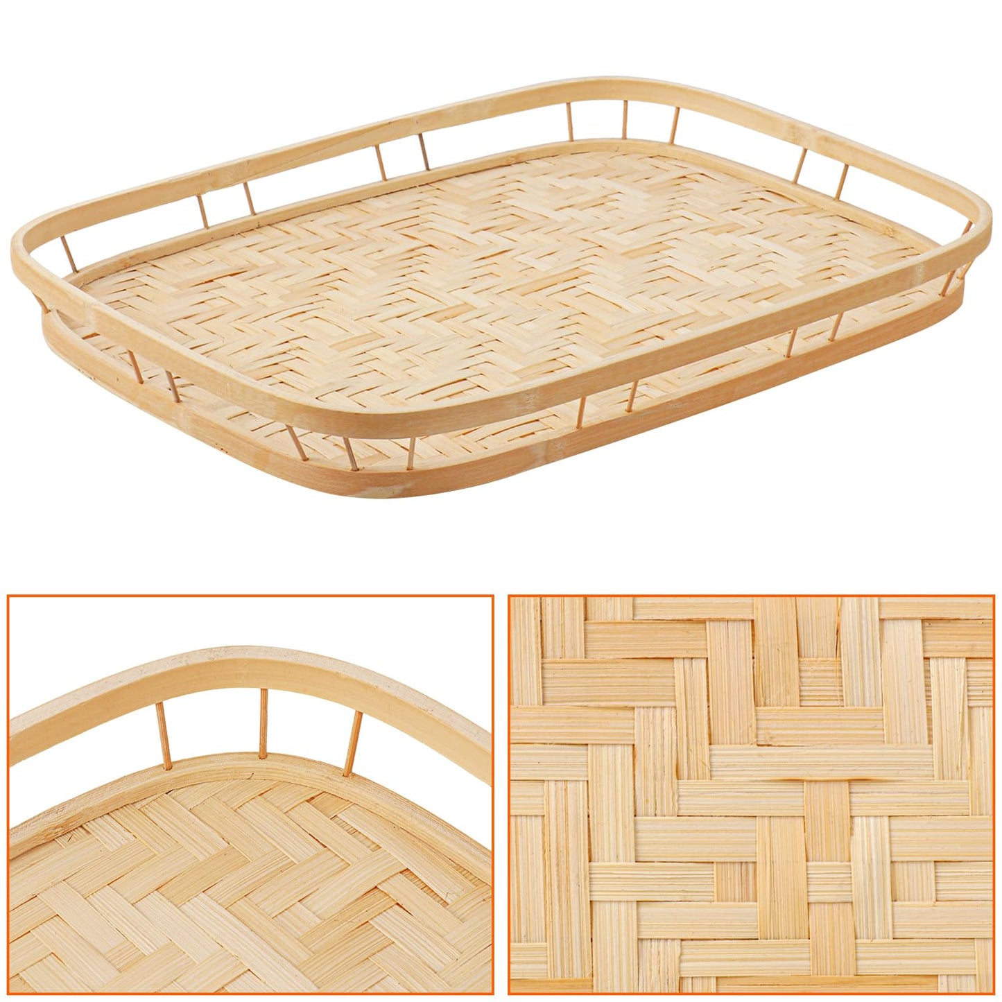 Geytetqi 4 Pack Rectangular Bamboo Wicker Woven Tray with Handle, Bamboo Wicker Serving Trays for Eating, Kitchen, Table, Party