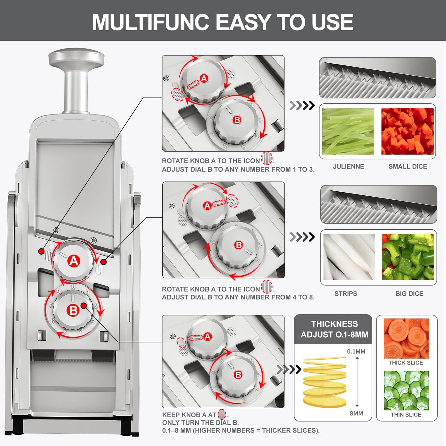 SUPMAKIN Safe Mandoline Slicer, Adjustable Vegetable Food Slicer and Chopper, Potato Fries Fry Cutter, Veggie Salad Chopper, New Kitchen Chopping Artifact Gifts 2026 (SliverGray)