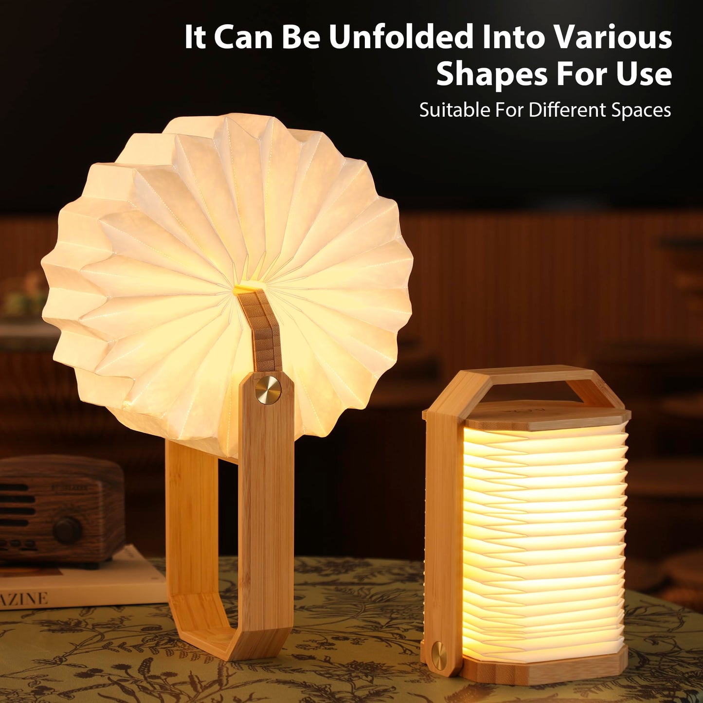 ZBOLE Foldable Japanese Style Lantern, 1200mAh Rechargeable, 4-6H Runtime, 2-in-1 Handheld & Table Lamp, Soft Warm Light, Outdoor Camping Travel Gear, Home Decor & Gift (Bamboo)