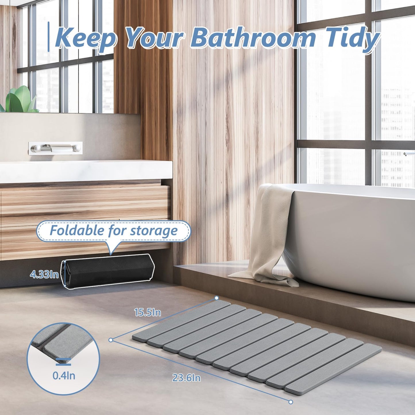 AWW Foldable Stone Bath Mat, Quick Dry Diatomaceous Earth Bath Mat with Non-Slip Mat, Super Absorbent, Easy to Clean, Compact for Small Bathrooms, 23.6 x 15.5, Grey