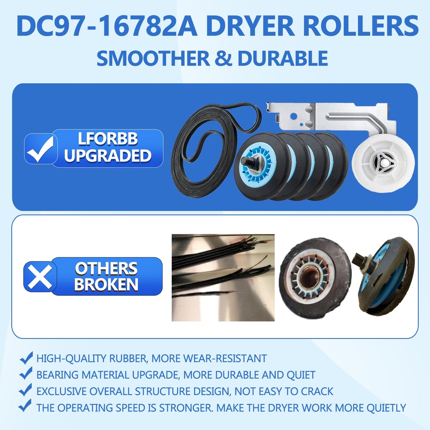 【Upgraded】Dryer Roller Replacement Part for Samsung DV42H5000EWA3 DV45H7000EWA2 DV48H7400EWA2 DV42H5200EPA3 DV40J3000EWA2, DC97-16782A Dryer Roller DC93-00634A Idler Pulley 6602-001655 Dryer Belt Kit