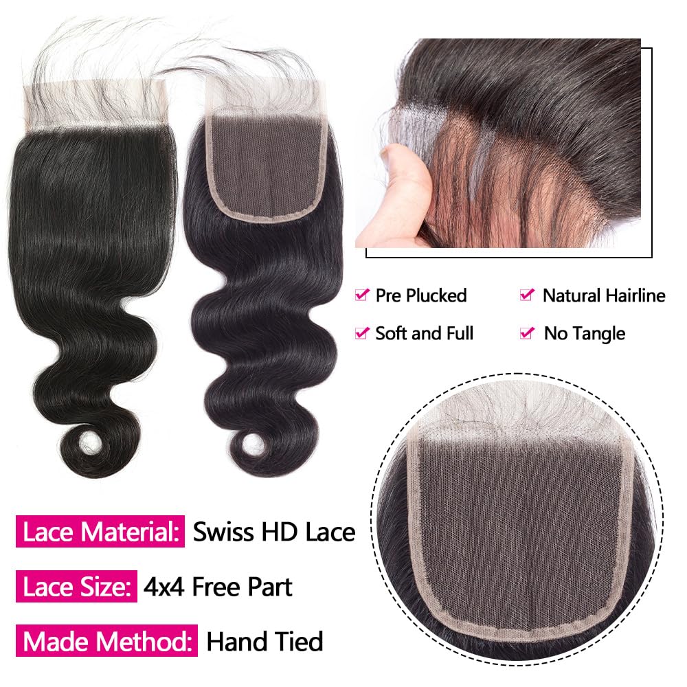 12A Human Hair Bundles with Closure 20 22 24 with 18 Inch Brazilian Body Wave Bundles Human Hair with Closure 100% Unprocessed Virgin Human Hair Weave 3 Bundles Deals with 4x4 HD Lace Closure