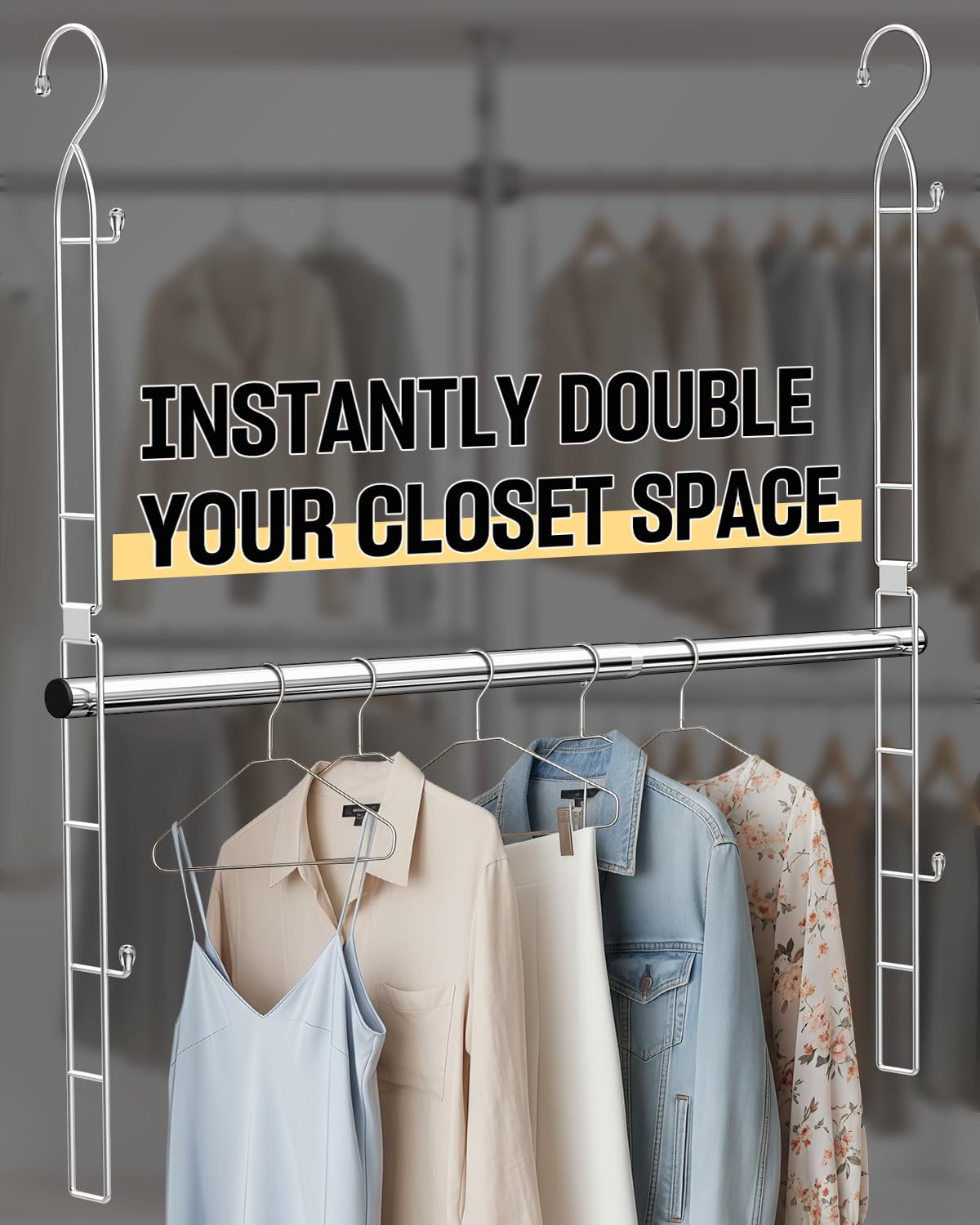 Supforce Hanging Closet Rod Stainless Steel, 2 Pack Adjustable Height & Width Closet Rod Extender, Space-Saving Closet Hanging Storage Organizer，Load up to 88LB