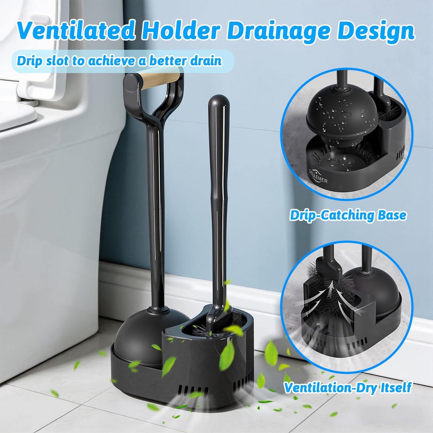 Sellemer Toilet Brush and Plunger Set, Curved Design Head for Deep Cleaning, Heavy Duty Toilet Bowl Brush and Plunger Combo with Holder for Bathroom Cleaning, Black, 2 Pack