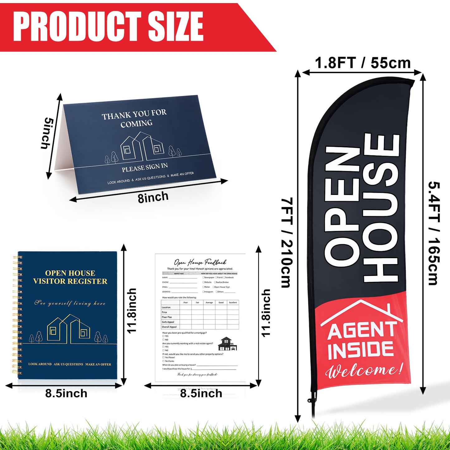 Buryeah 153 Sets Open House Signs for Real Estate Agents Including 1 Open House Feather Flag and Pole Kit 1 Pcs Visitor Guest Register Notepad 1pcs Tent Card and 150 Pcs Feedback(Black)