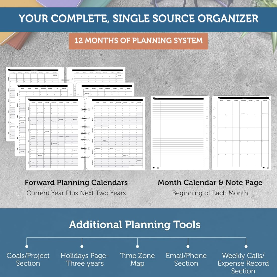 Planner Pad 7 Hole Loose Leaf July 2026 – June 2027 / Academic Year 6 3/4" x 8 1/2" 3-Tier Funnel Down 12 Month Medium Size Organizer, Black Ink