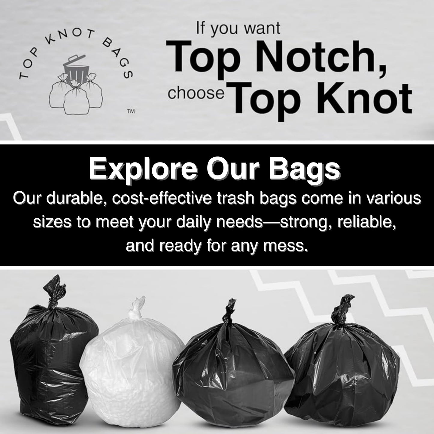 Top Knot Bags 33 Gallon Garbage Trash Bag 33X39" 1.2 Mil Black 150 Count Can Liner Bulk 30 Gallon 31 Gallon 32 Gallon 34 Gallon 35 Gallon Made in USA