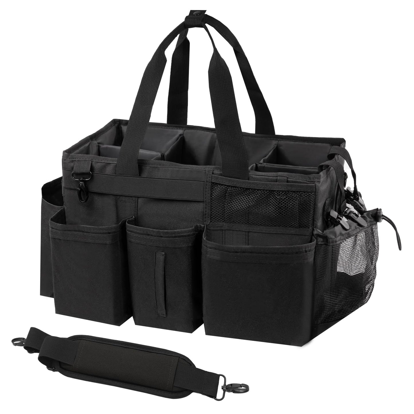 SCAVATA Wearable Cleaning Caddy Organizer with Handle & Shoulder Straps for Housekeepers, Under Sink & Car Cleaning Tool Organizer Bag with 4 Foldable Dividers (Black)