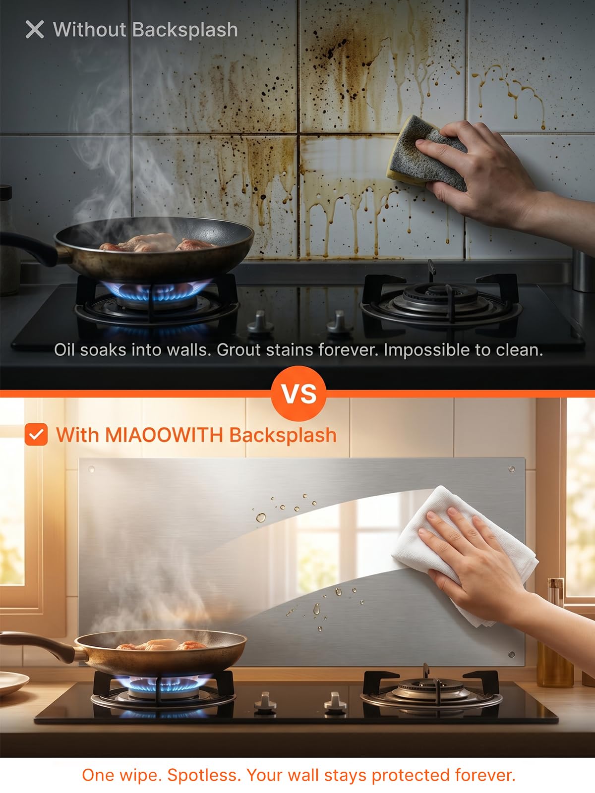 MIAOOWITH Stainless Steel Backsplash for Stove,36 x 24 Inch 304 Steel Splatter Guard for Kitchen Wall,Film-Free Out of Box,Heat Resistant Range Hood Backsplash Panel with Pre-Drilled Holes