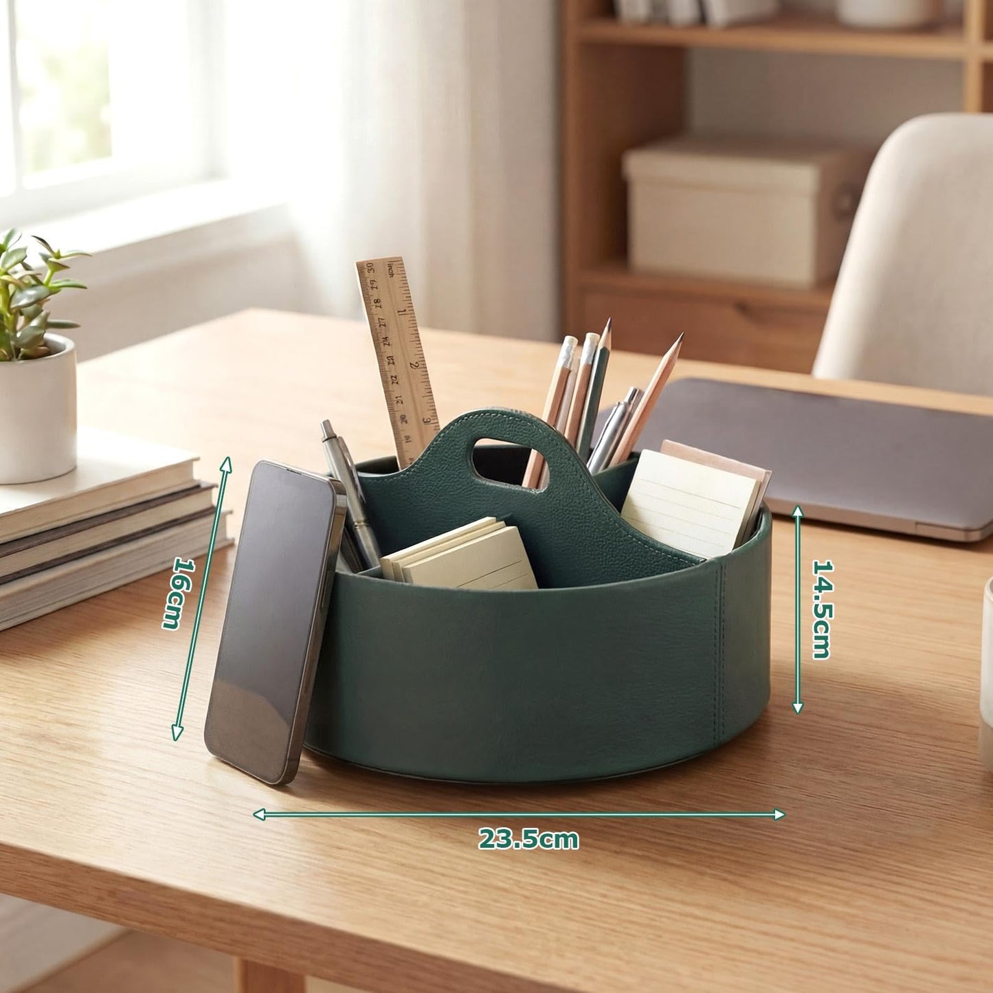 YooNotee 360° Rotating Leather Desk Storage Organizer with 6 Slots and Handle Extra-large Pen Holder Spinning Pencil Storage Lazy Susan Organizer Office Desk Supplies Marker, Art Supply(Green)