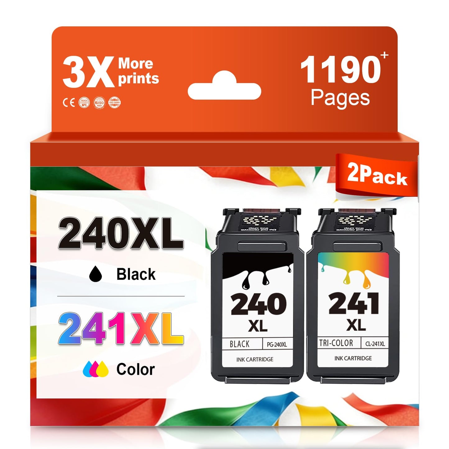240 241 XL Ink Cartridges Replacement for Canon 240xl 241xl Combo Pack PG-240 CL-241 Black Color to MG3620 MG3600 TS5120 TS5100 MG2120 MG3520 MX472 MX452 MX512 Printer 2 Pack
