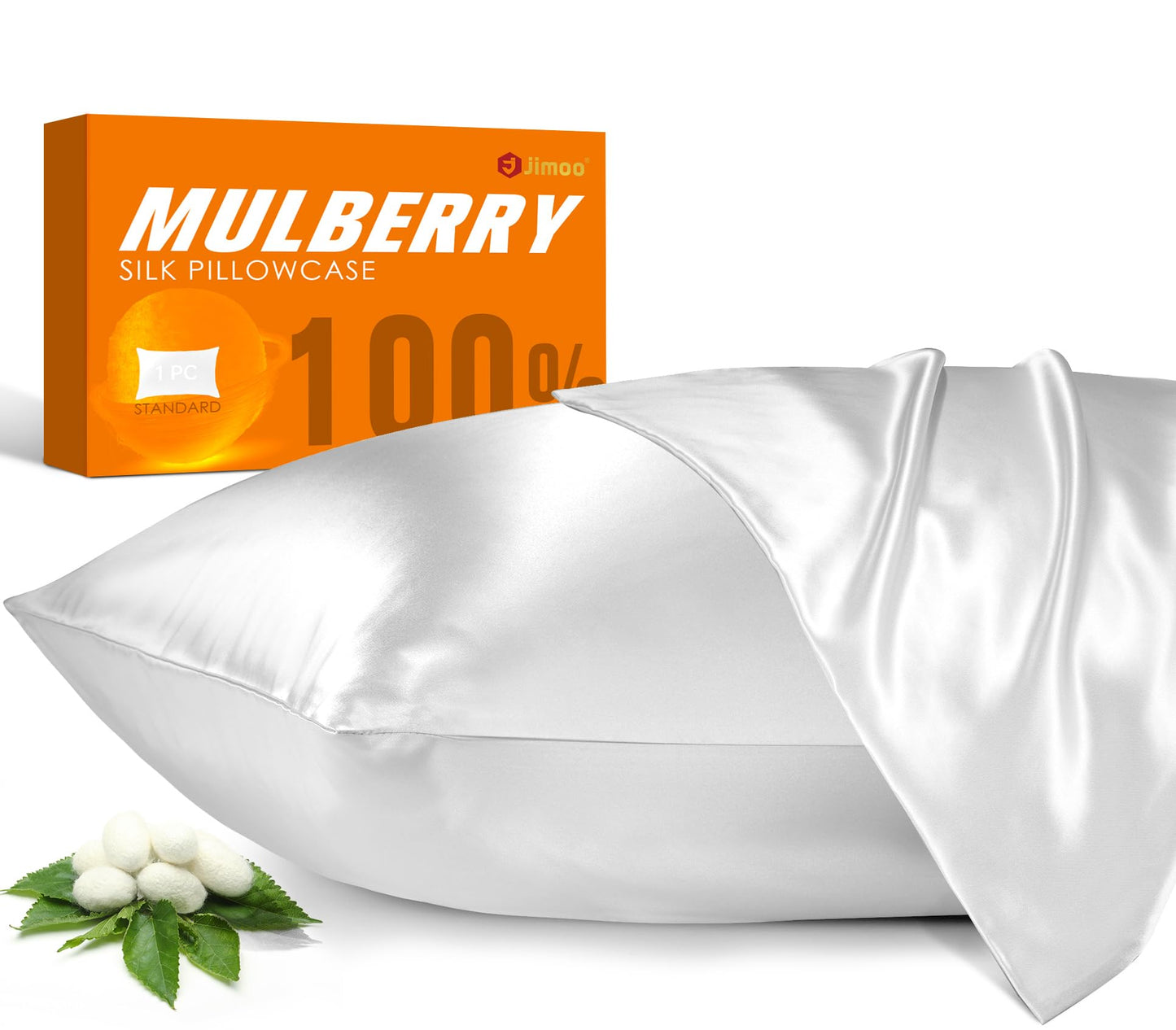 100% Mulberry Silk Pillowcase for Hair and Skin, 22 Momme Pure Natural Silk Pillow Case Both Sided with Zipper, Pillow Cover for Women Mom Men (White, Standard 20''×26'', 1 Pack)