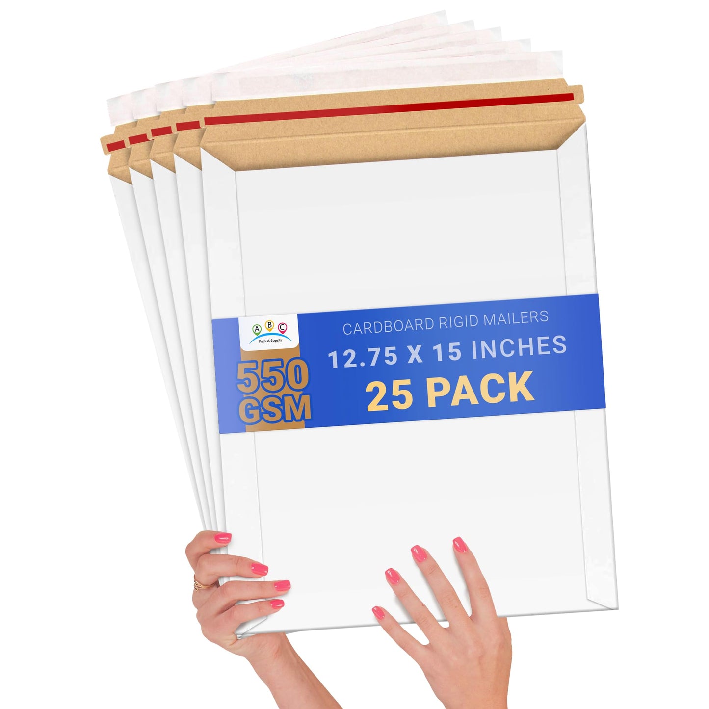 ABC PACK & SUPPLY Rigid Mailers 12.75 x 15 Inch, White Cardboard Envelopes, Self Seal Tear Strip, 550 GSM Paperboard, Stay Flat Design, Pack of 25