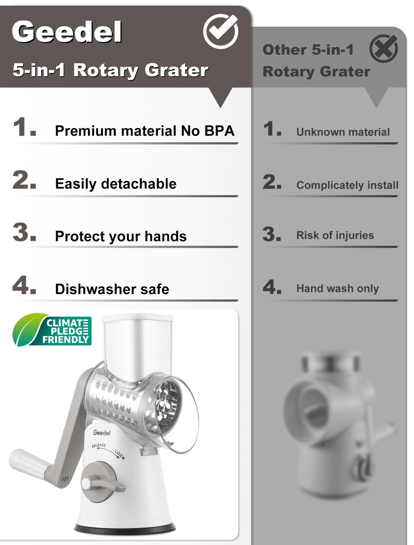 Geedel Rotary Cheese Grater Cheese Shredder with 5 Interchangeable Blades - Upgraded Rotary Grater Featuring Strong Suction Base for Cheese Shredding, Wavy Slicing, Nut Grinding, and Ice Shaving