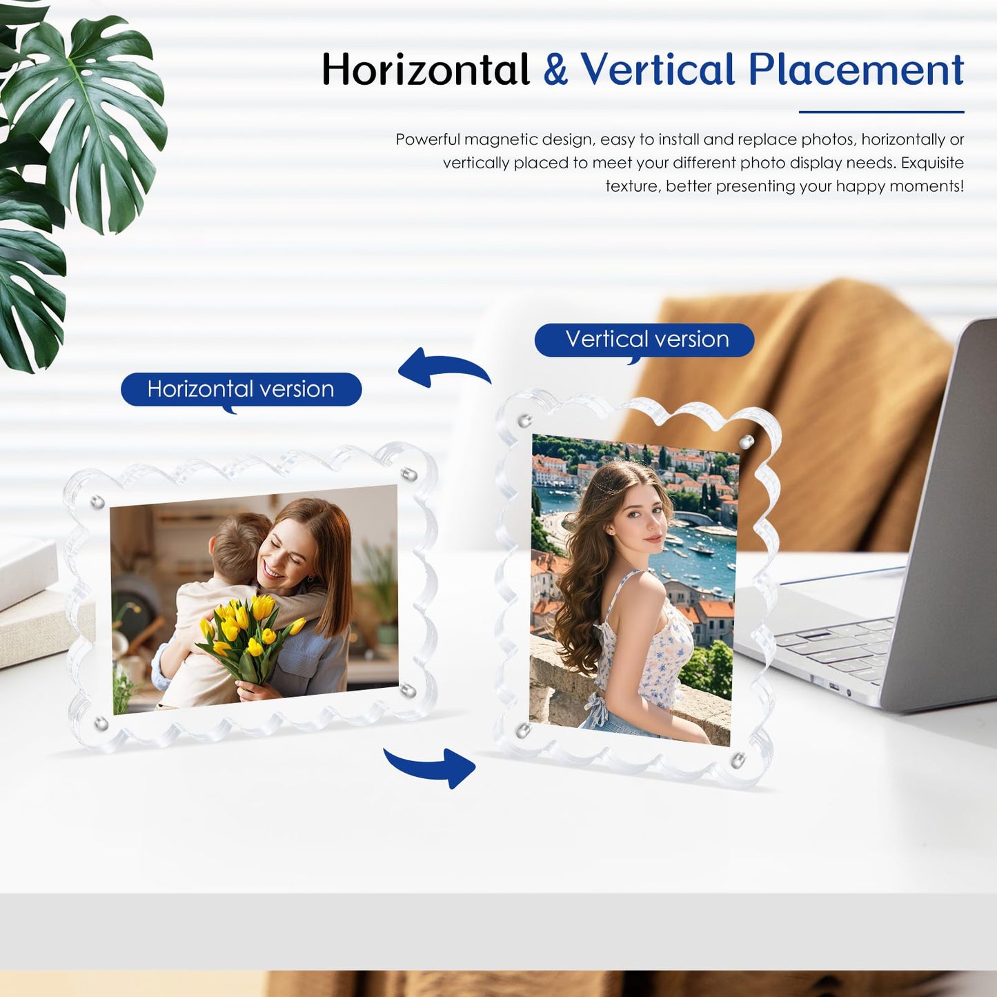Novacrylion Scalloped Magnetic Picture Frame 4x6 Inch - 2Pack Clear Acrylic Photo Frame, 20mm Thick Double-Sided Magnet Design, Trendy Desktop Display for Home/Office Decor (2 Pack, 4X6)
