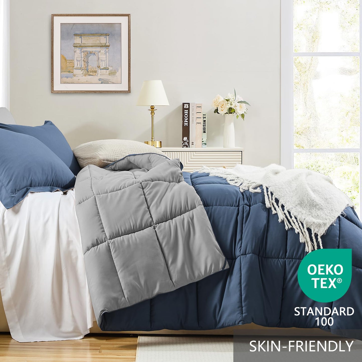 Homelike Moment Queen Comforter Set Blue, Comforters Queen Size Set Lightweight Reversible Down Alternative Bed Comforter Full Size Soft, All Season 3 Piece Sets Blue/Grey