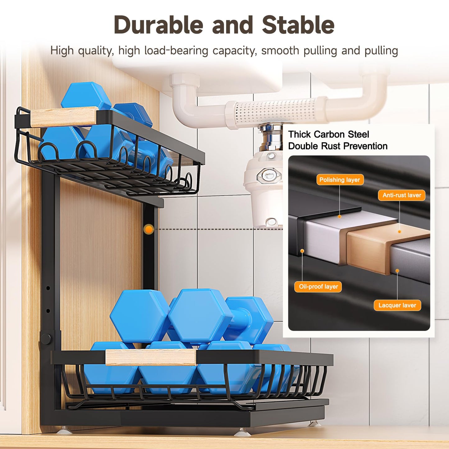 Sevenblue 2 Packs Under Sink Organizer, Height Adjustable 2 Tier Under Kitchen Sink Organizer, Multi-Purpose Storage Shelf for Kitchen Bathroom Cabinet