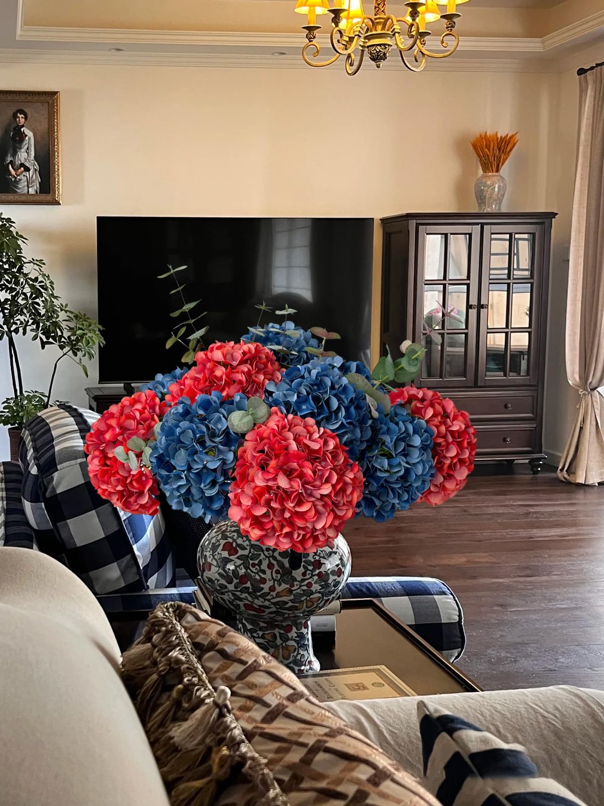ZYTUYO 5 Pcs Dark Blue Silk Hydrangeas Artificial Flower Boho Dried Touch 20'' Faux Hydrangeas for Fall Indoor Home Decor Kitchen Living Room Outdoor Porch Wedding Flower Arrangement