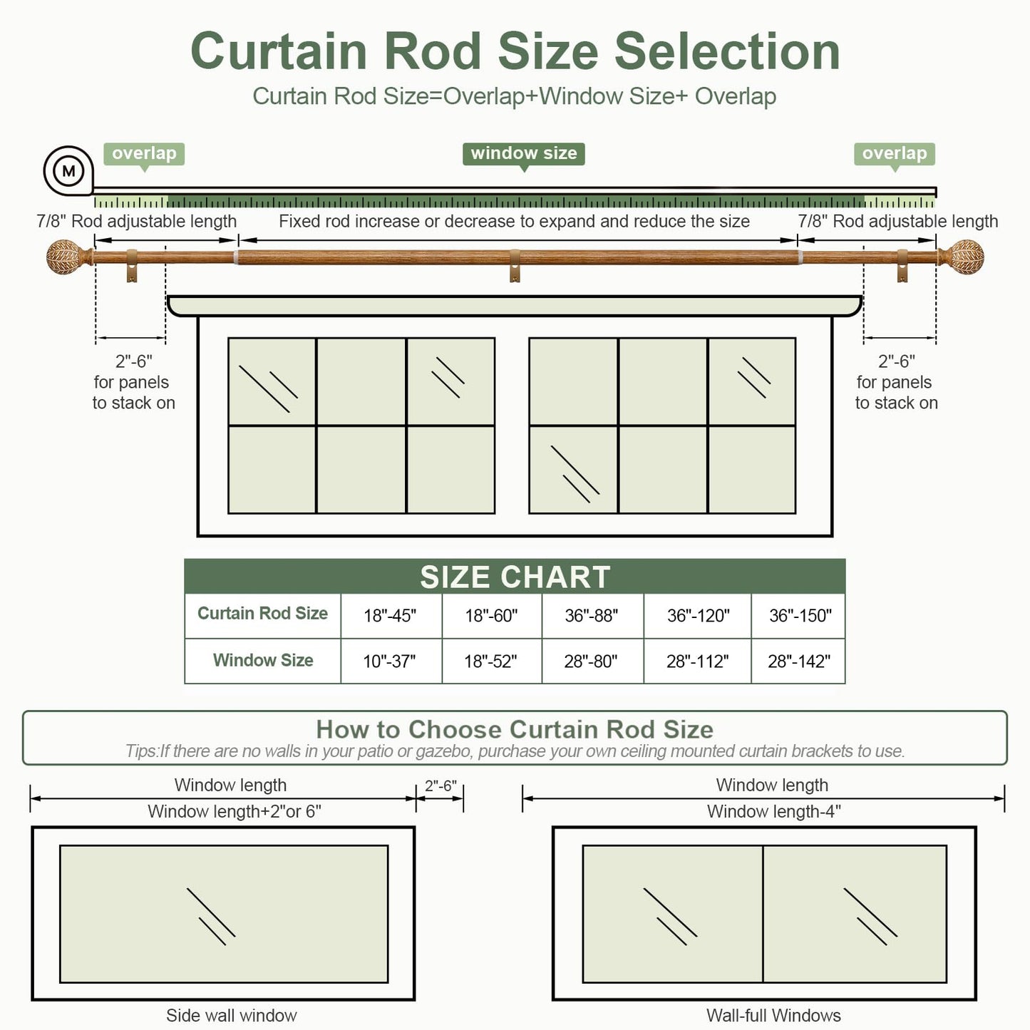 QDWIS 2 Pack Wood Curtain Rods for Windows 28 to 48 Inch,1'' Diameter Drapery Rods with Imitation Wood Grain Leaf Pattern Finials,Boho Adjustable Heavy Duty Curtain Rods Set,18-60'',Color:Natural Wood