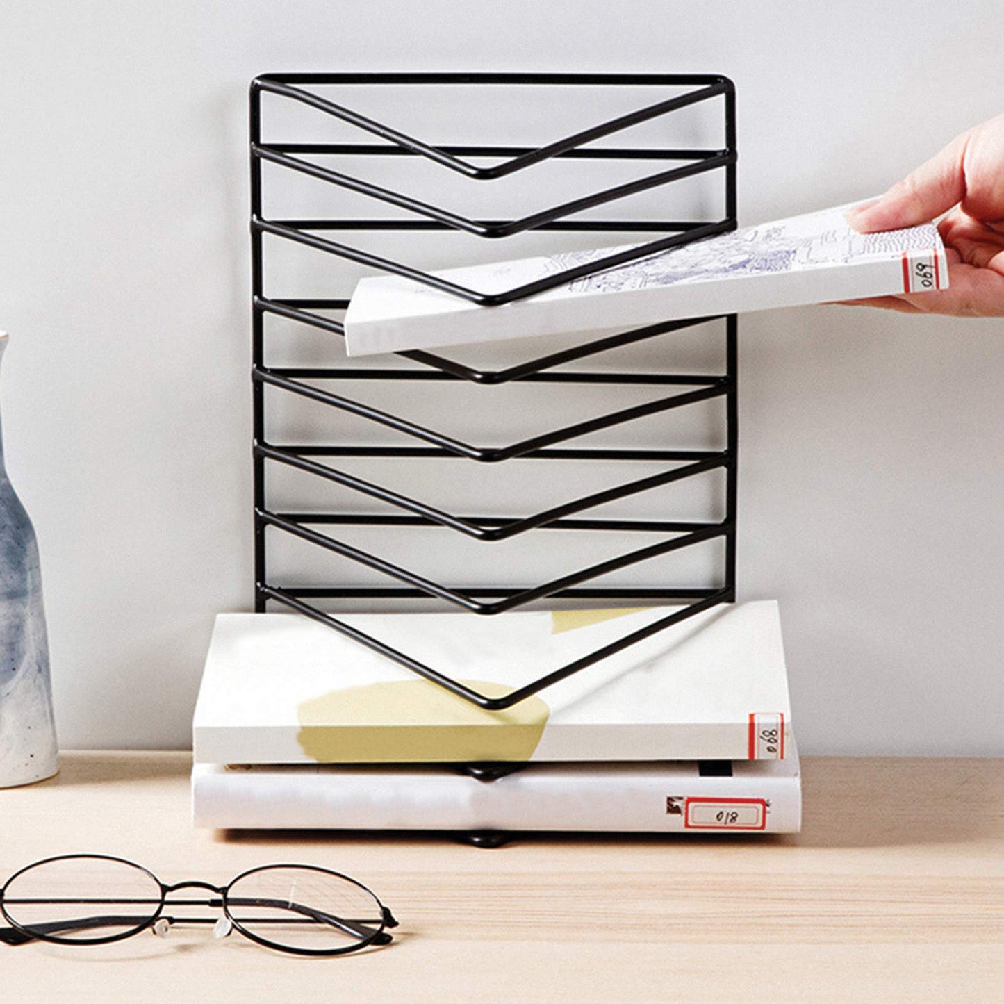XINFULL 4 Pack Triangle File Storage Holder Racks Iron Desktop Magazine Organizer Metal Newspapers Folders for Office Table Desk Bookshelf Home Decoration, Black