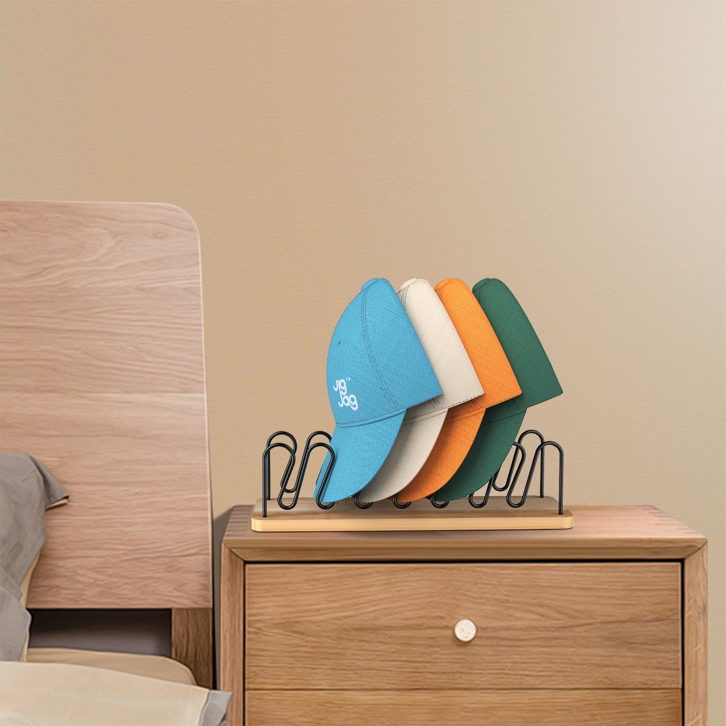 JigJag Hat Organizer for Baseball Caps 2 Pack, Premium Wood and Metal Design Hat Storage for 14 Baseball Caps, Tabletop Hat Racks for Closet, Dresser, Entrance (2PCS)