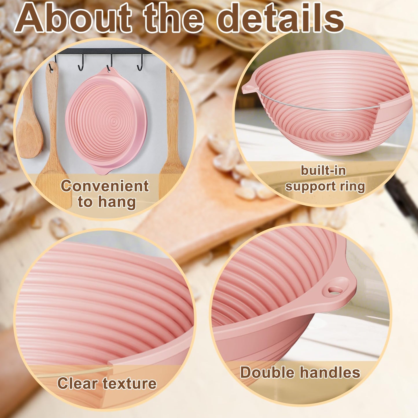 Upgraded 9" Silicone Banneton Bread Proofing Basket 4Pcs, Built-In Reinforced Steel Rim Ring, Collapsible Non-Stick Round Dough Proofing Bowl, with Handles, Oven & Dishwasher Safe, BPA Free