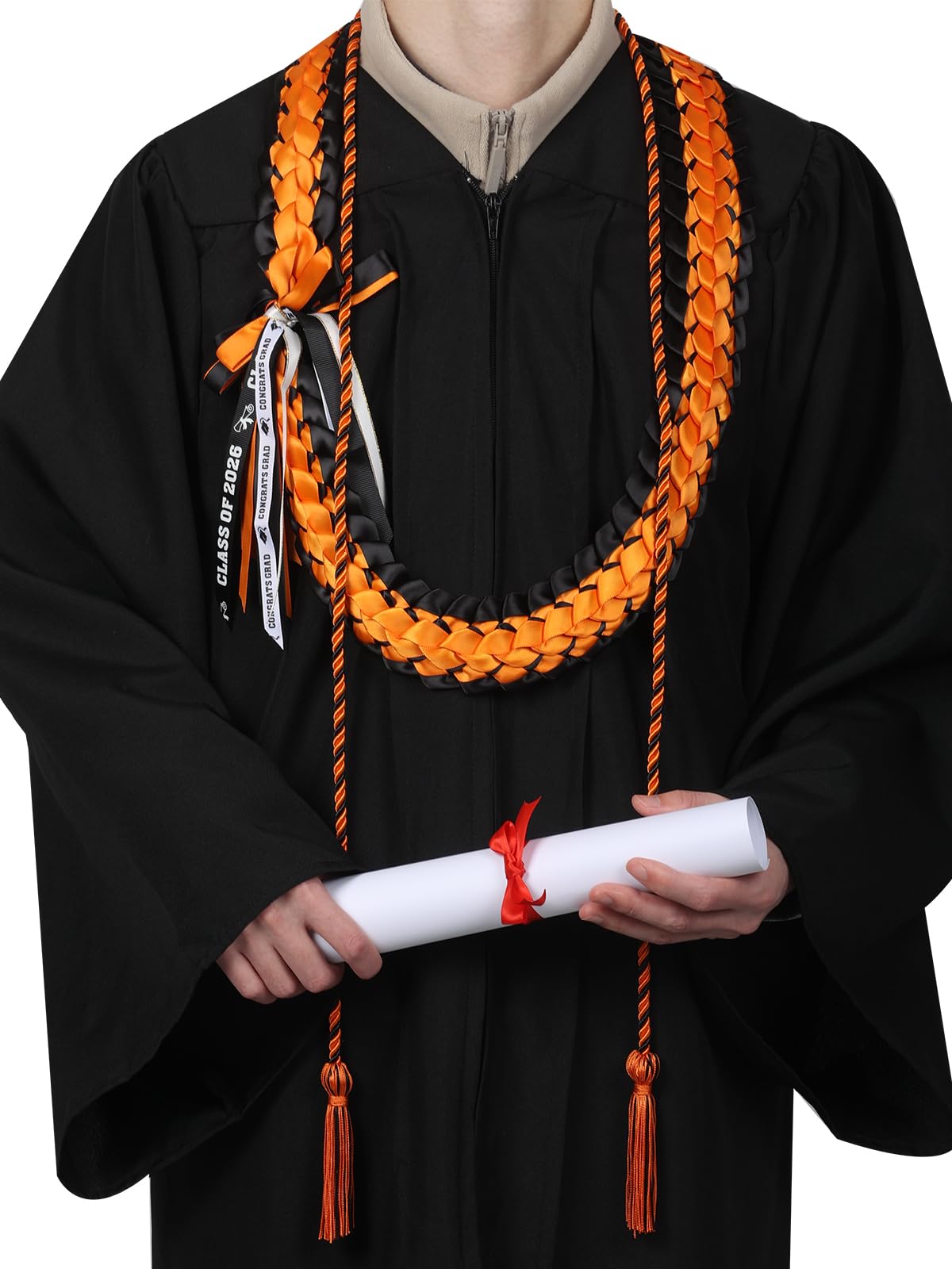 TFTAFAN Graduation Leis and Graduation Honor Cords Class of 2026 Graduation Ribbon Lei Graduation Necklace Braided Necklaces gift for Student Gifts Party Supplies (12, Orange and black)