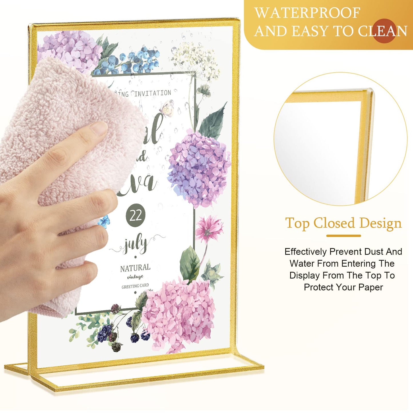Hoteam 24 Pack 4 x 6 Clear Acrylic Sign Holder with Gold Borders, Gold Picture Frame, Double Sided Wedding Table Number, Acrylic Menu Stands for Wedding Table, Restaurant Sign, Photos Display