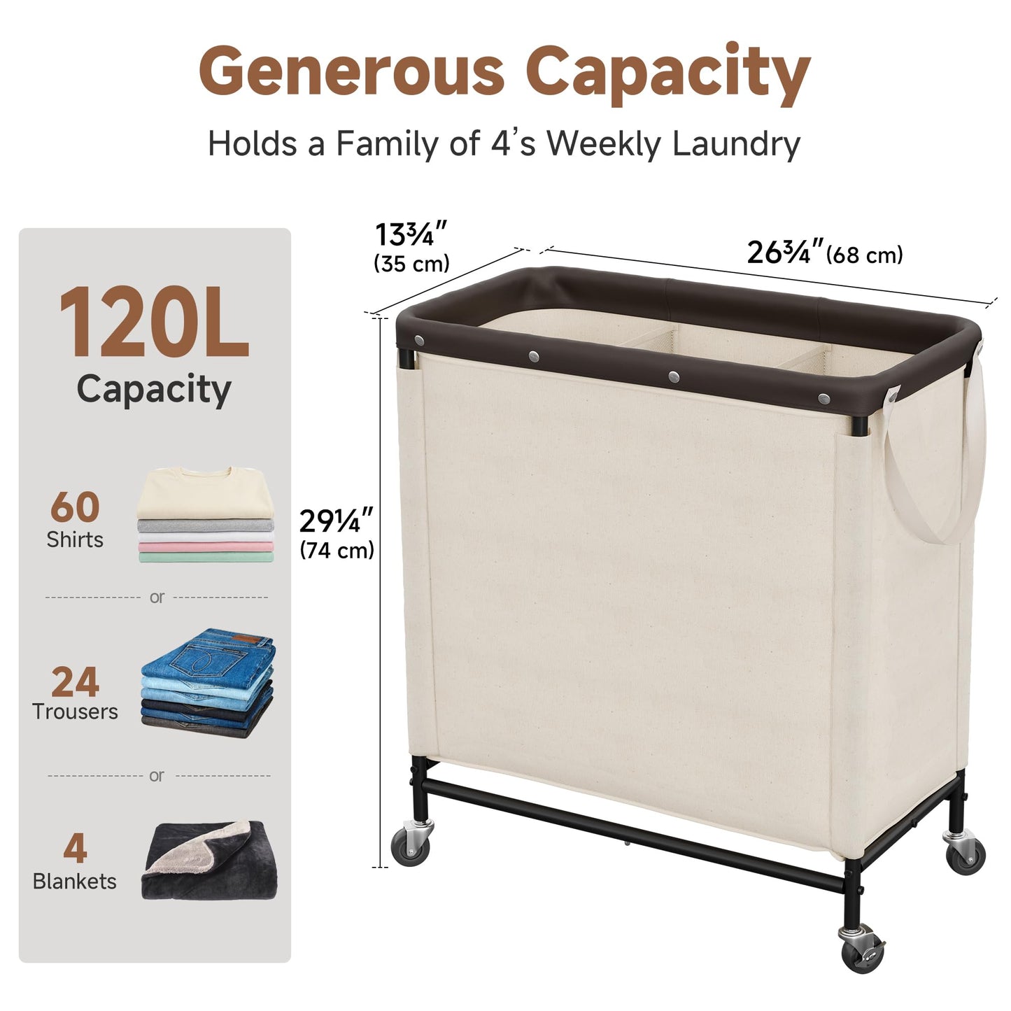 StorageWorks 3 Section Laundry Hamper, Rolling Laundry Cart with Wheels and Handles, Laundry Room Double Sorter for Organizer and Storage, 31.7 Gal(120L), Beige