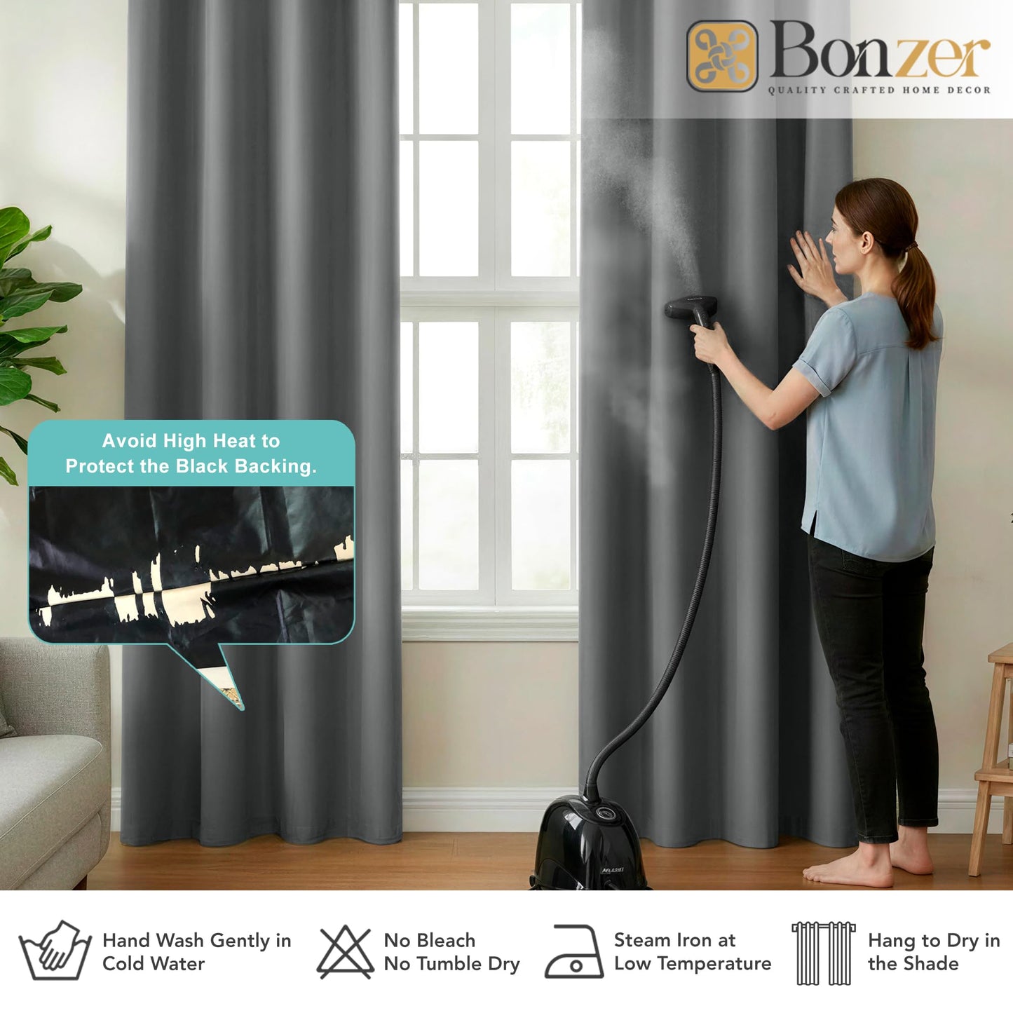 BONZER 100% Blackout Curtains 84 inches Long, 4 Panels Full Light Blocking Privacy Protection Window Drapes, Grommet Total Room Darkening Curtain with Black Backing for Bedroom, Living Room, Grey