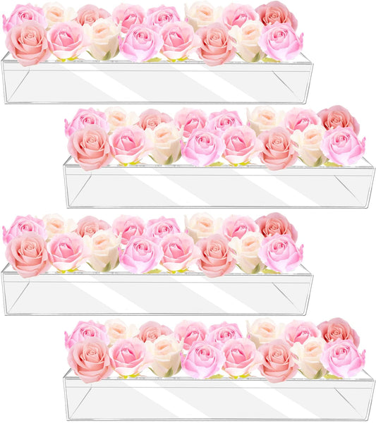 4Pcs Acrylic Flower Vase with 64 Holes,63 inch Decorative Long Clear Vase Modern,Rectangular Acrylic Vases Clear Floral Centerpiece for Dining Table Reception Home Party Decorations