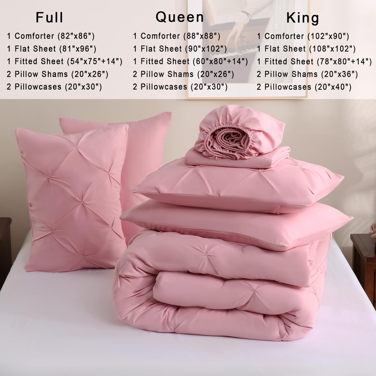 DOWNCOOL 7 Pieces Pink Queen Comforter Set, Pintuck Pinch Pleat Bed in a Bag, Soft Microfiber All Season Bedding Set for Bedroom with Sheets, Pillowcases & Shams