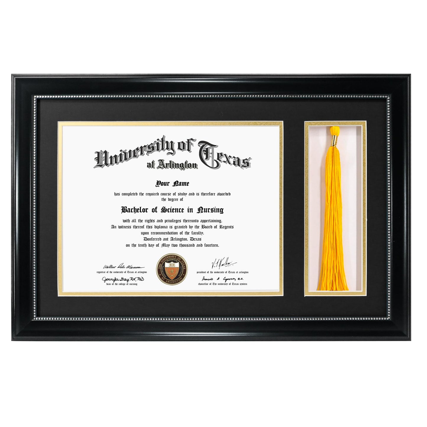 GraduationMall 11x17 Black Diploma Frame with Tassel Holder for 8.5x11 Certificate Document,Real Glass, Black over Gold Mat