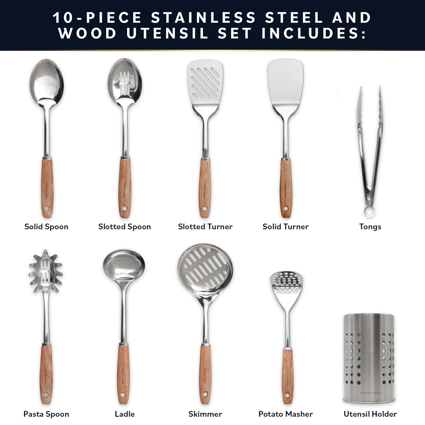 Home Hero Stainless Steel Kitchen Utensils Set - Wood Handle Nonstick Stainless Steel Cooking Utensils Set - Heat Resistant Kitchen Essentials & Metal Kitchen Gadgets (Silver & Wood)