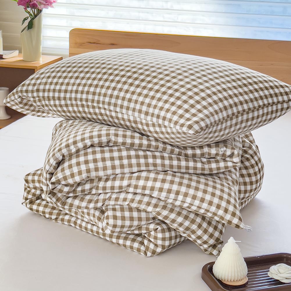 NSNLGSGC Queen Comforter Set, Tan Gingham Bedding Comforter Sets, Brown Grid Bed Comforter 3 Pieces (1 Comforter, 2 Pillowcases)