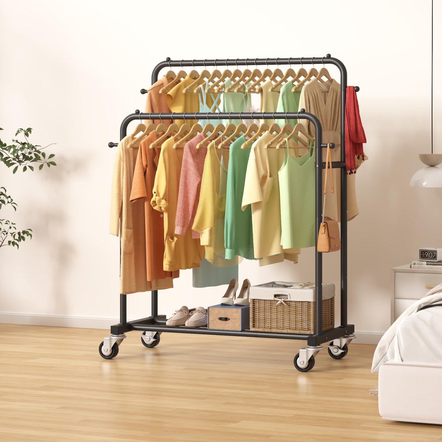 Laiensia Double Rods Garment Rack with Wheels, Clothing Rack for Hanging Clothes,4 Hooks, Multi-functional Bedroom Clothes Rack, Black