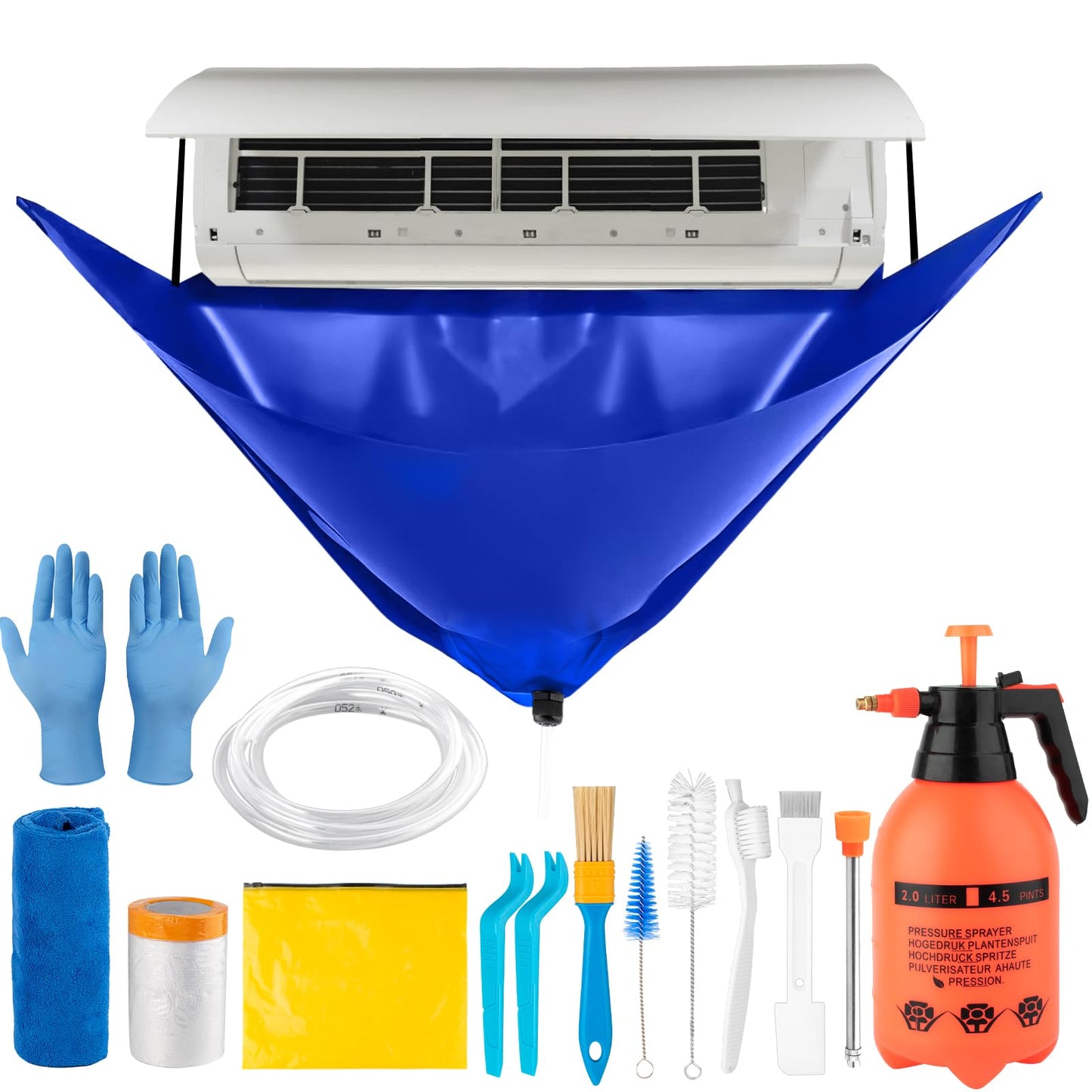 Large Size Mini Split Cleaning Kit, 14 Pcs Mini Split Cleaning Bag with 2L High Pressure Sprayer, Professional Ac Cleaning Kit Fit for Systems Lengths from 38" to 48"