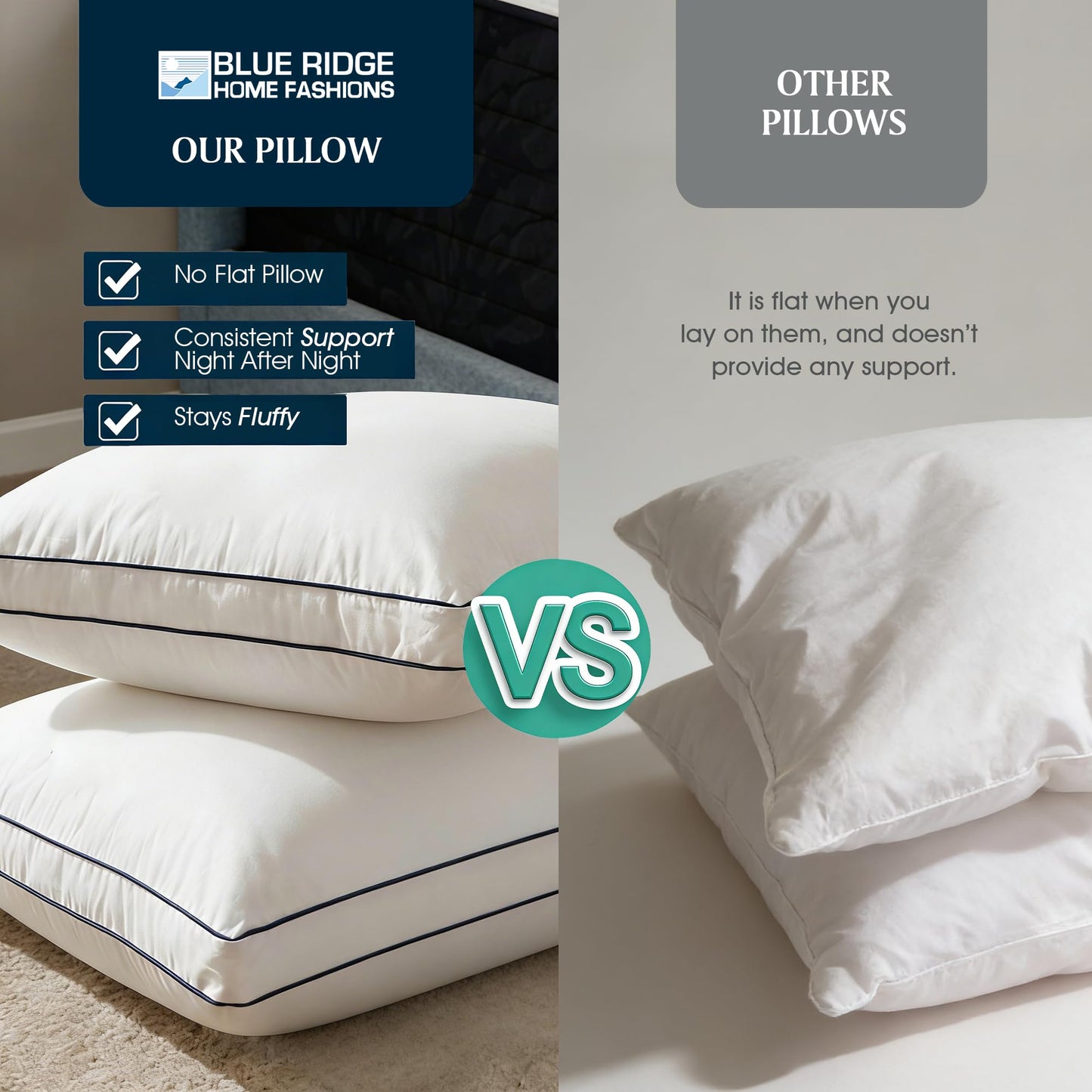 Blue Ridge Home Fashions Hotel Collection Pillows Queen Size Set of 2, Medium Soft Down Alternative Fill with Gusseted Design, Breathable 400 Thread Count Cotton Cover for All Sleep Positions