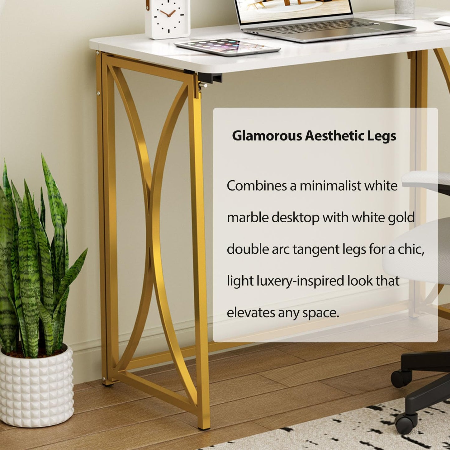coeztt Folding Desk, 31.5" Small Desk for Bedroom, Space Saving Foldable Computer Desk for Home Office, Easy Assembly, White and Gold