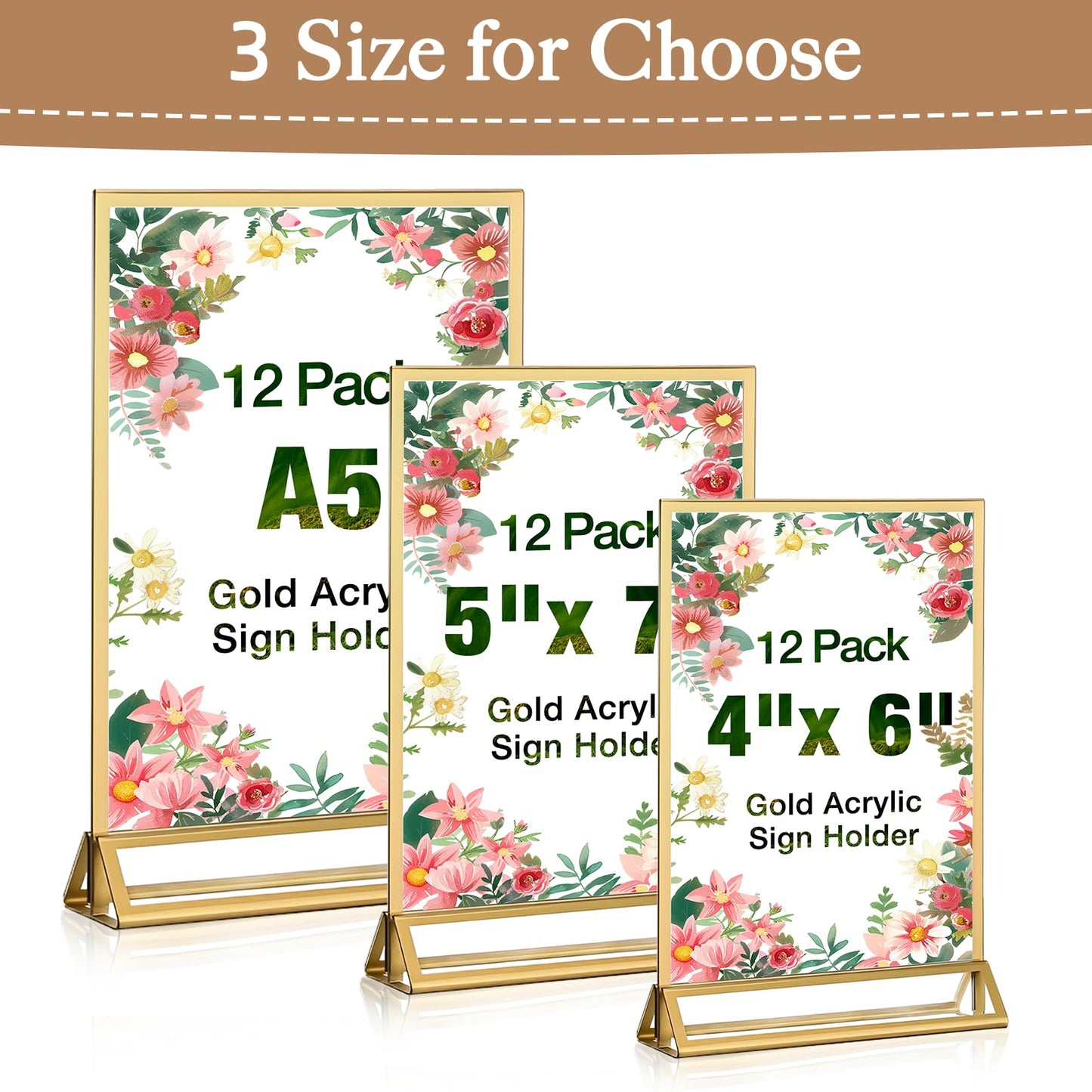 RETON 12 Pack Acrylic Sign Holder, A5 Clear Gold Frame Display Stand, Double Sided Picture Menu Flyer Holders, Wedding Table Number Frames for Cards Photo Party Decoration (A5)