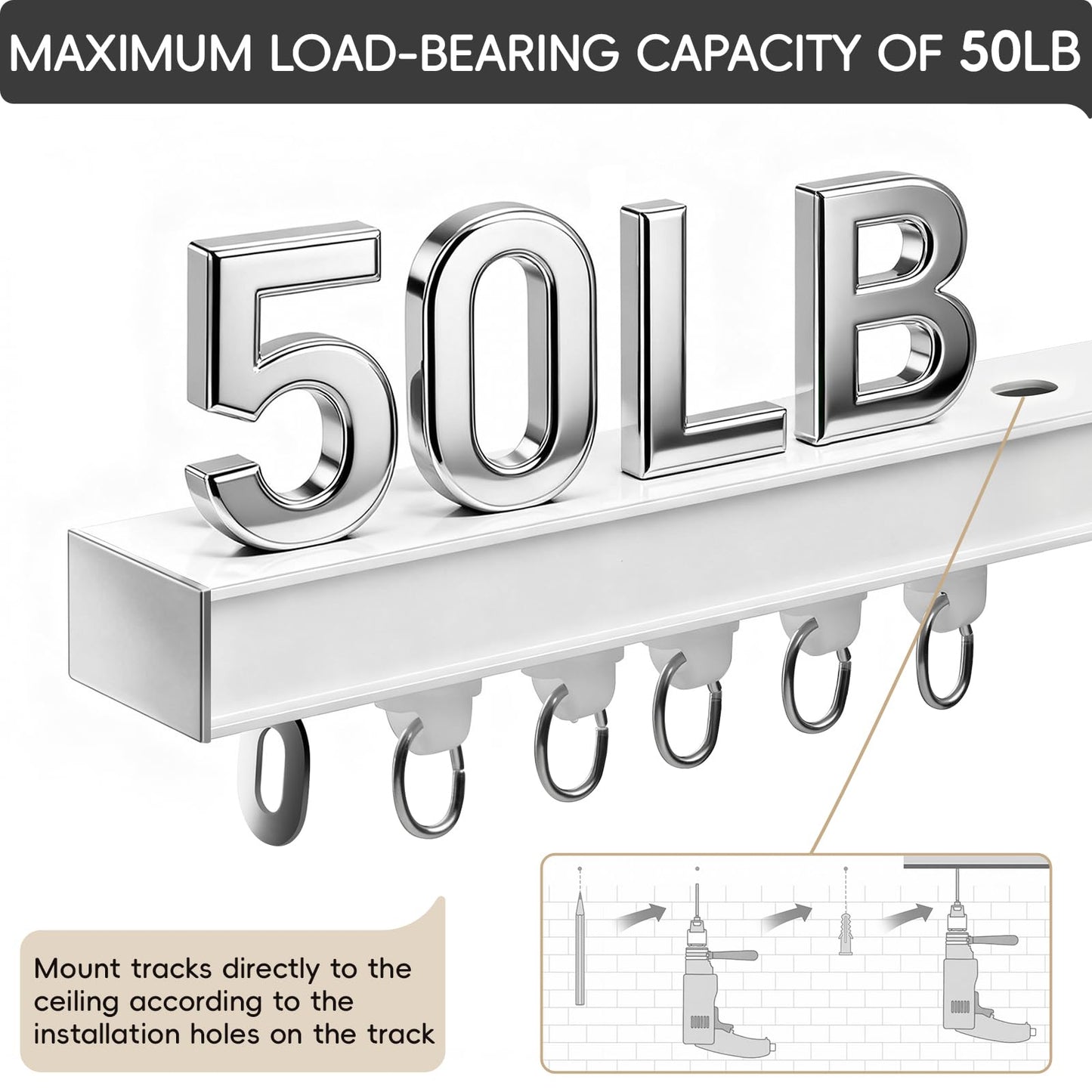 Ceiling Curtain Track, Curtain Track with Roller Hooks, 6ft - 9ft Ceiling Mounted Rail Set for Room Divider, White