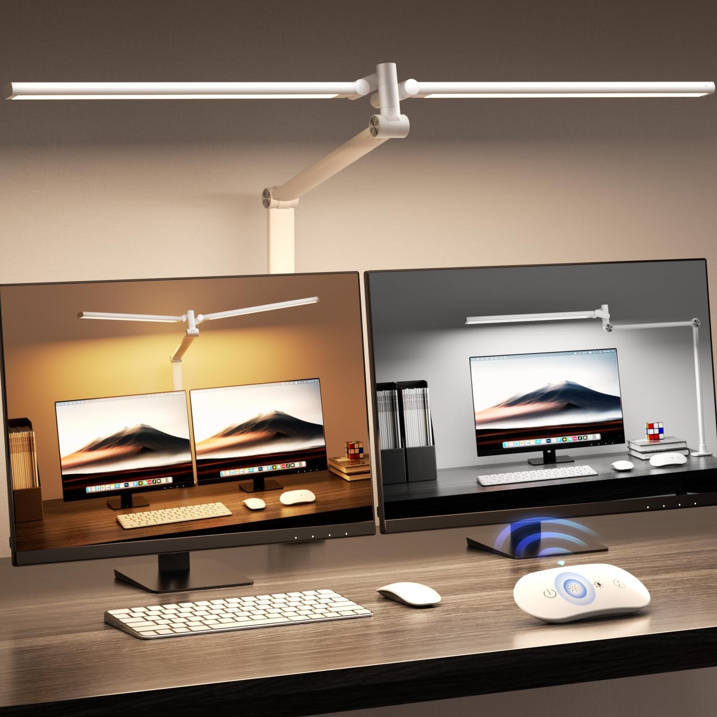 Airlonv LED Desk Lamp, Double Swing Arm Wide Lighting Area Desk Lamps for Home Office with Stepless Dimming, Eye-Caring Architect Desk Light with Clamp for Reading, Study, Workbench, Drafting(White)
